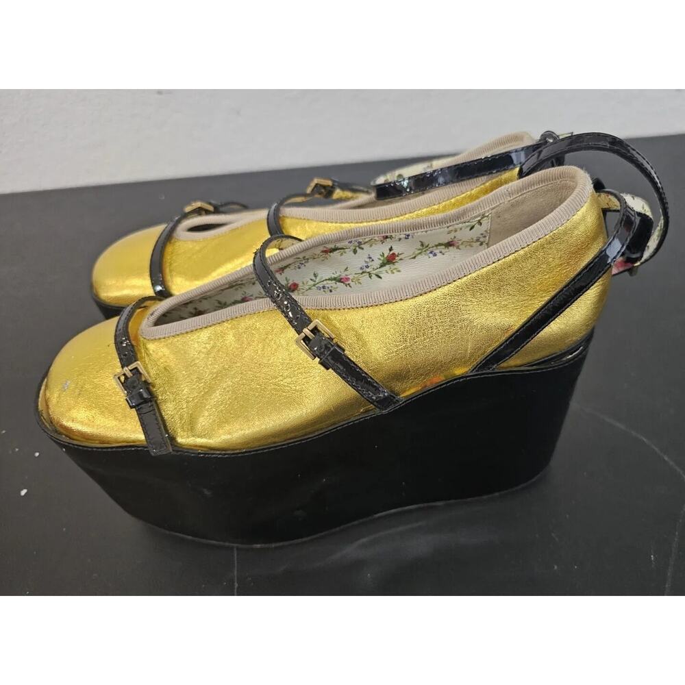 Gucci Hannelore Heels Womens Sz 35.5 Gold Leather Ballerinas w/ Ballet Platforms